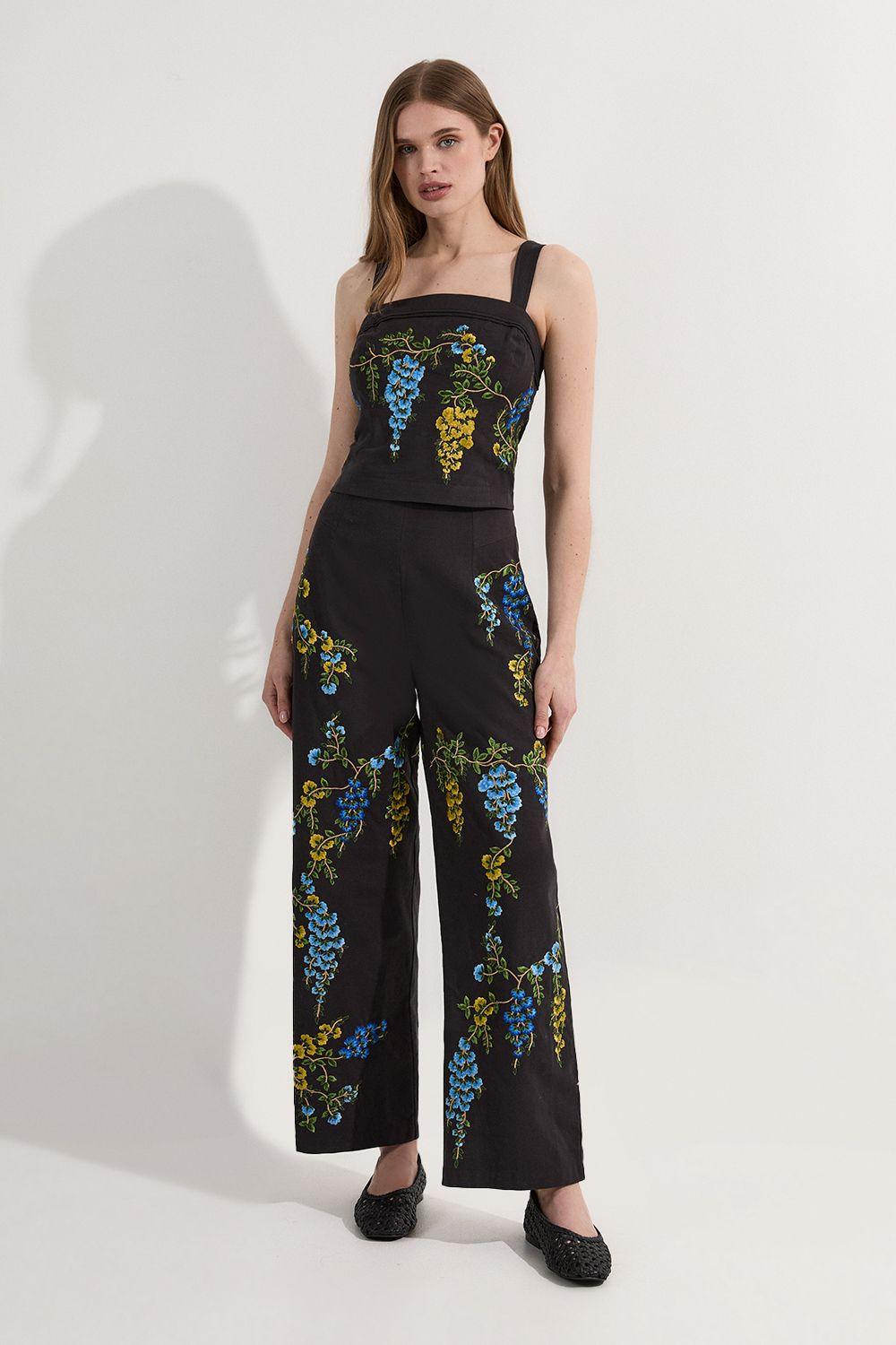 Tall Floral Embroidered Woven Trouser by KARENMILLEN