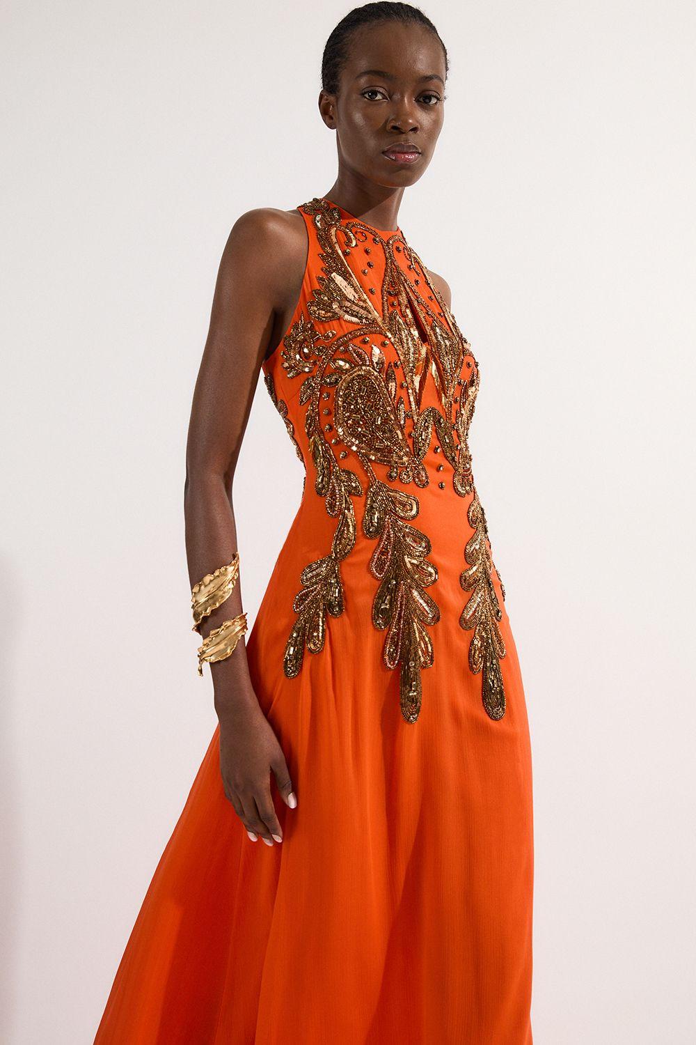 Tall Halter Neck Bugle Bead Detail Woven Maxi Dress by KARENMILLEN