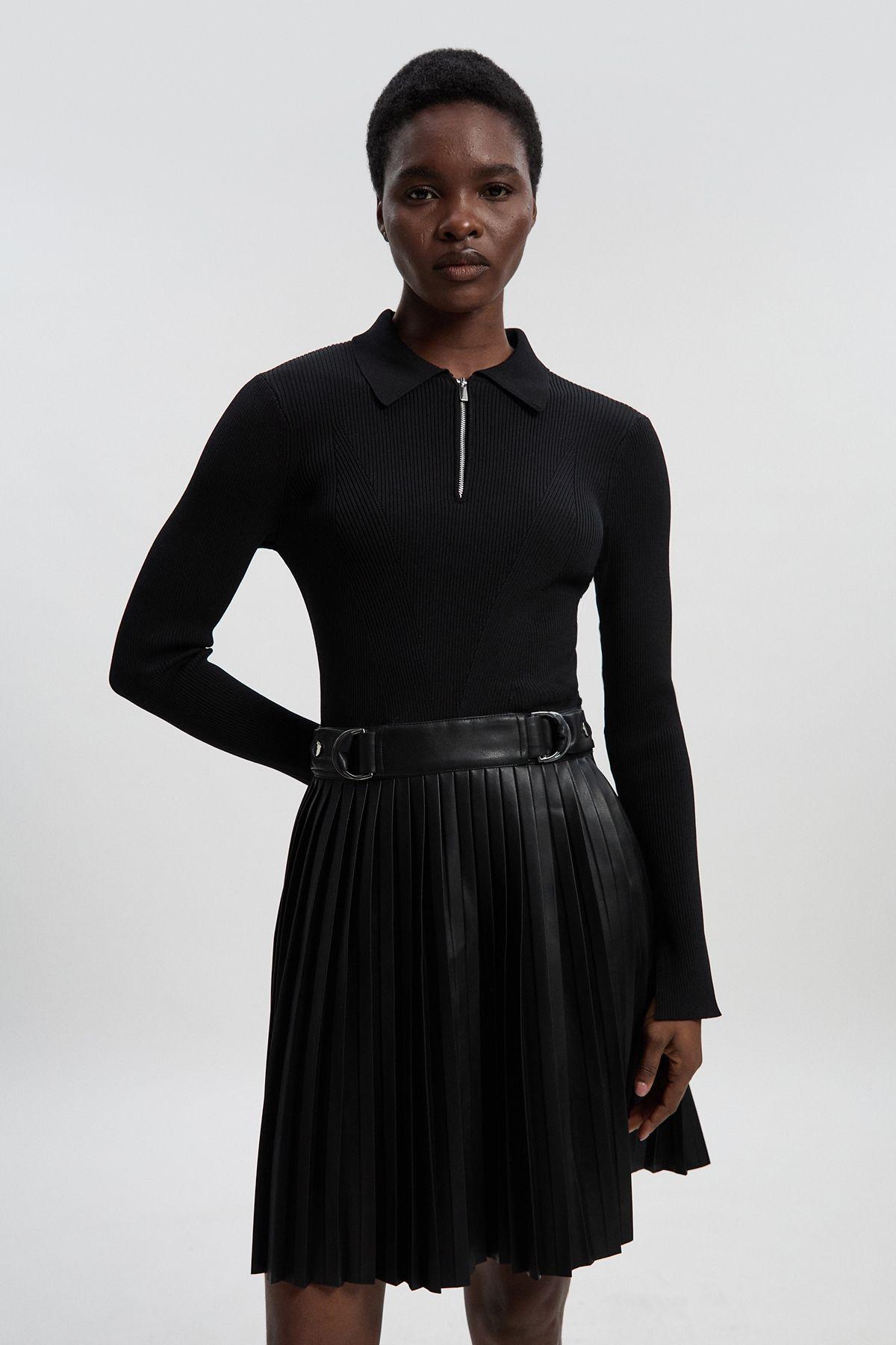 Tall Knitted Zip Neck Pu Mix Pleated Mini Dress by KARENMILLEN