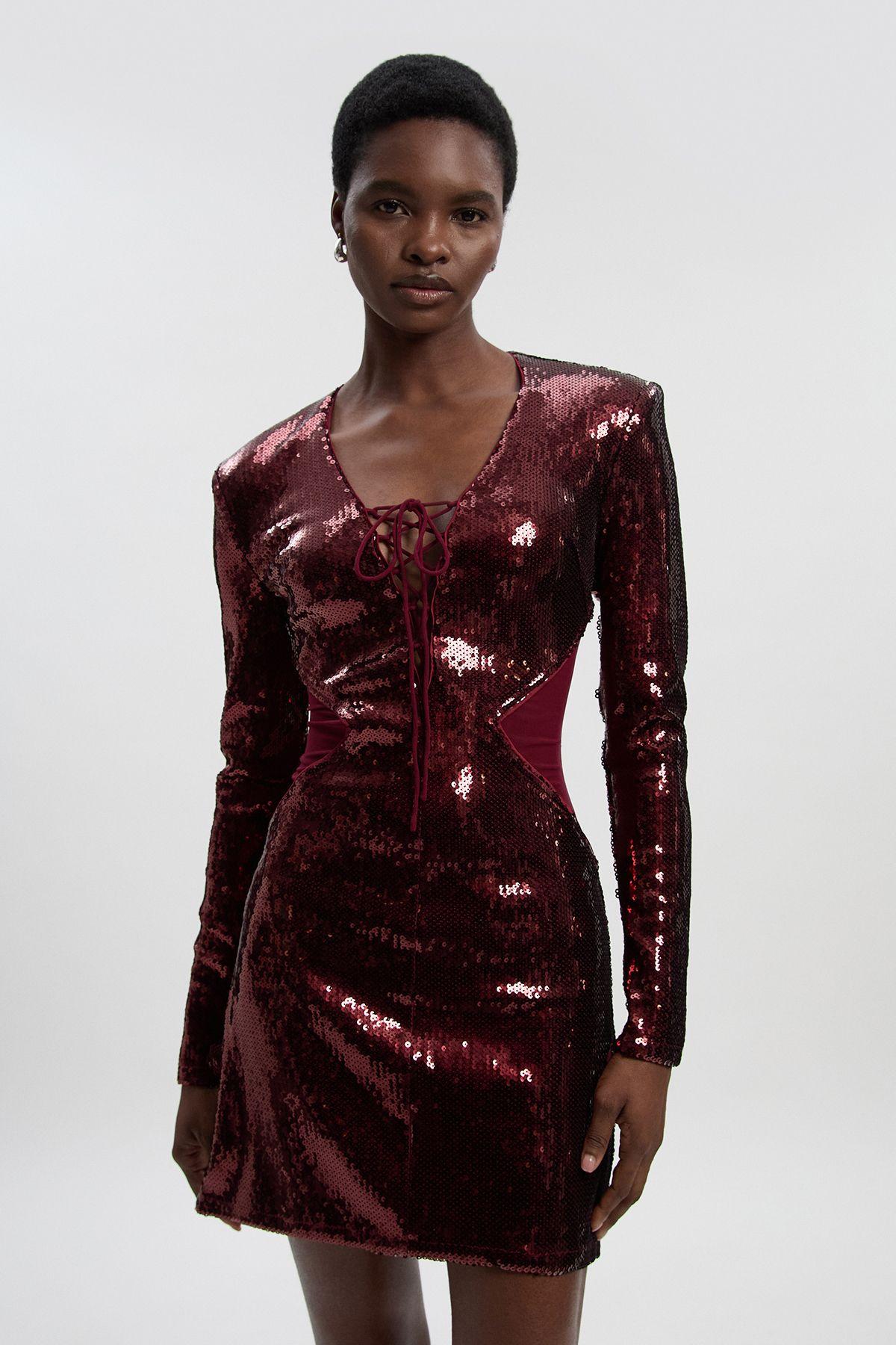 Tall Sequin Power Mesh Lace Up Mini Dress by KARENMILLEN