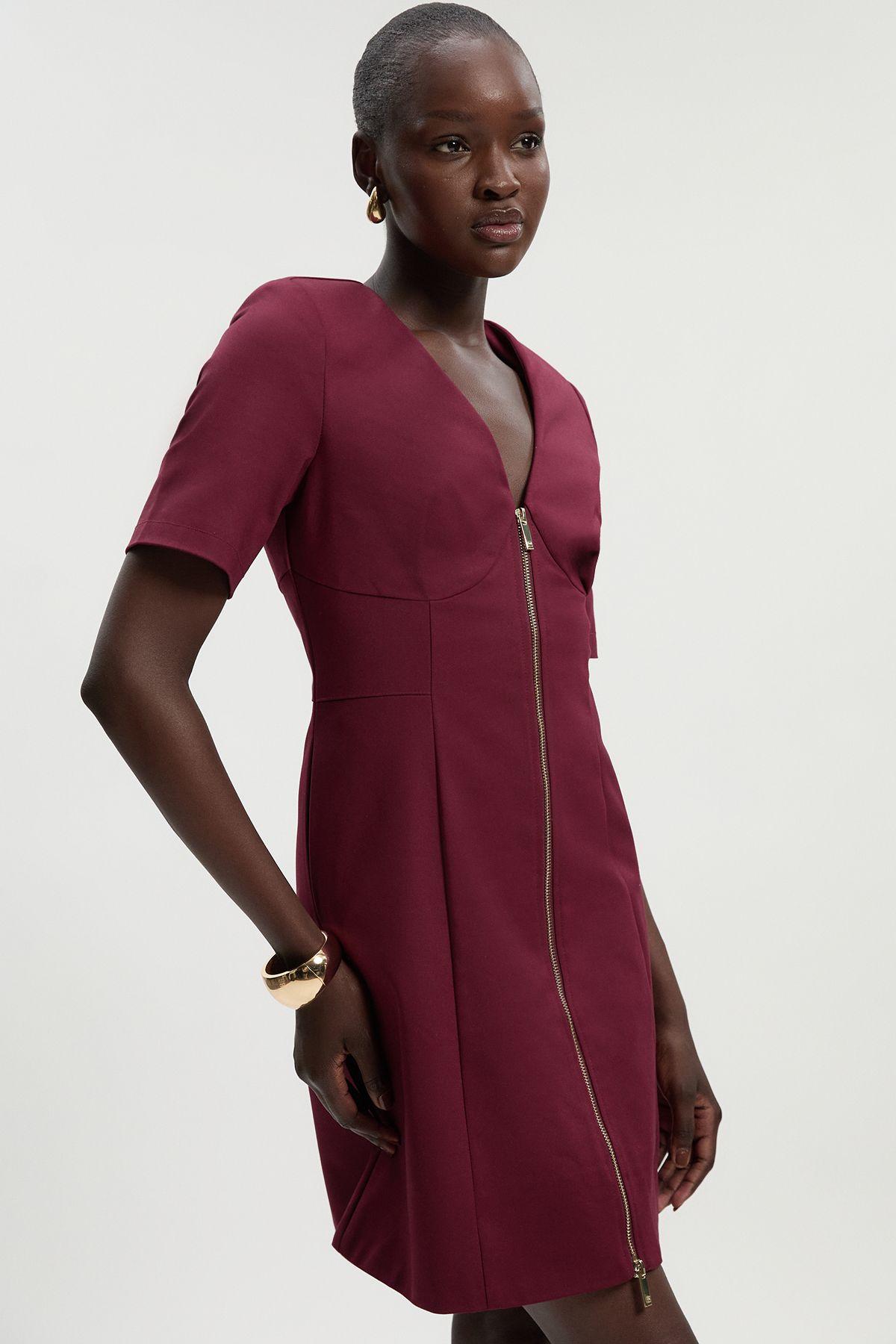 Tall Techno Cotton Short Sleeve Zip Detail Woven Mini Dress by KARENMILLEN