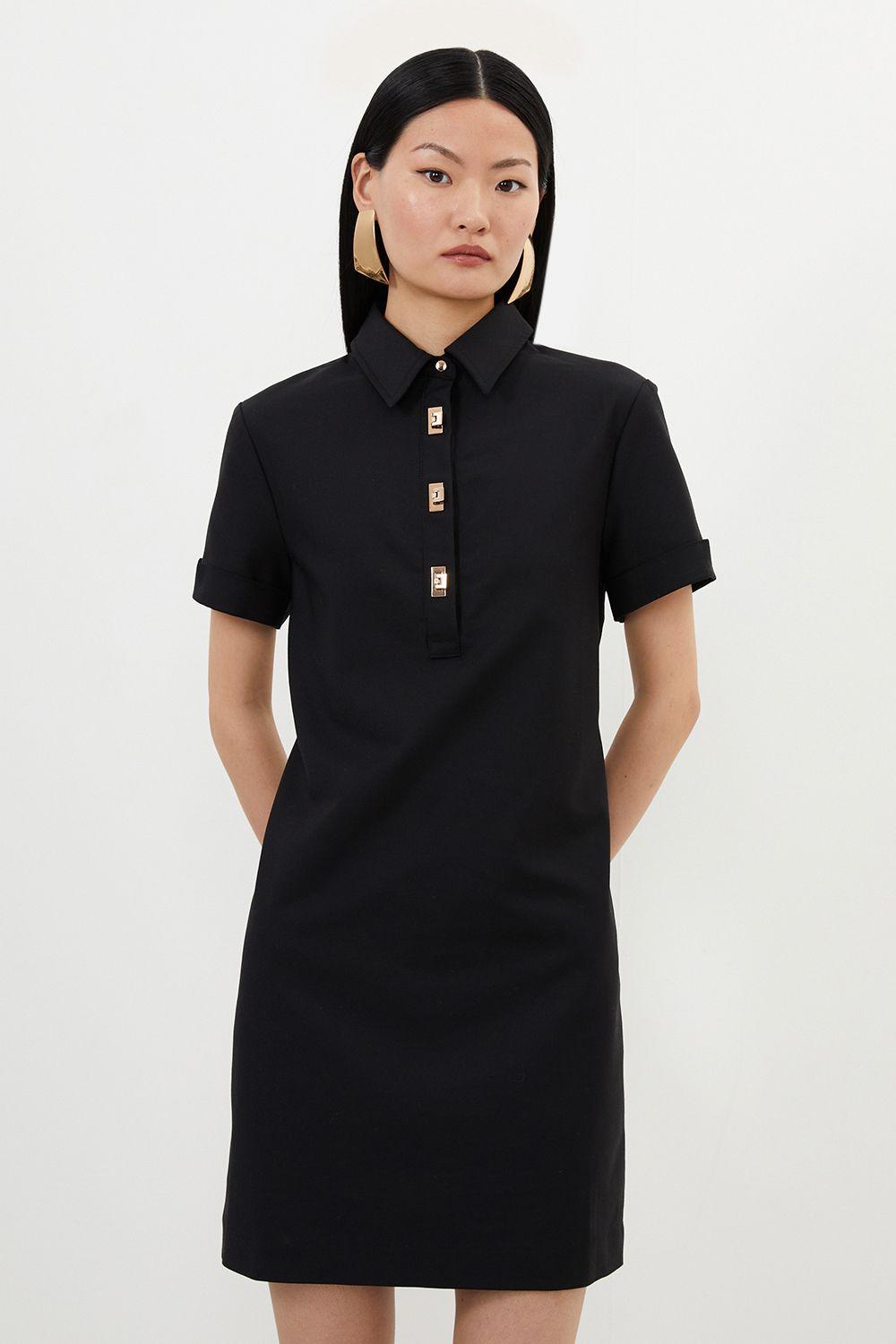 Tall Techno Cotton Woven Short Dress With Gold Clasps by KARENMILLEN