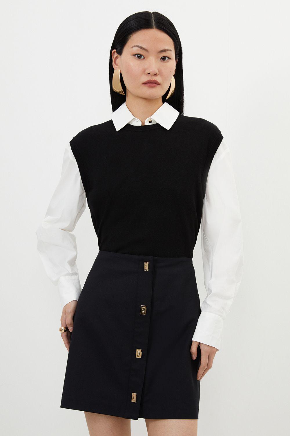 Tall Techno Cotton Woven Skirt With Gold Clasp by KARENMILLEN