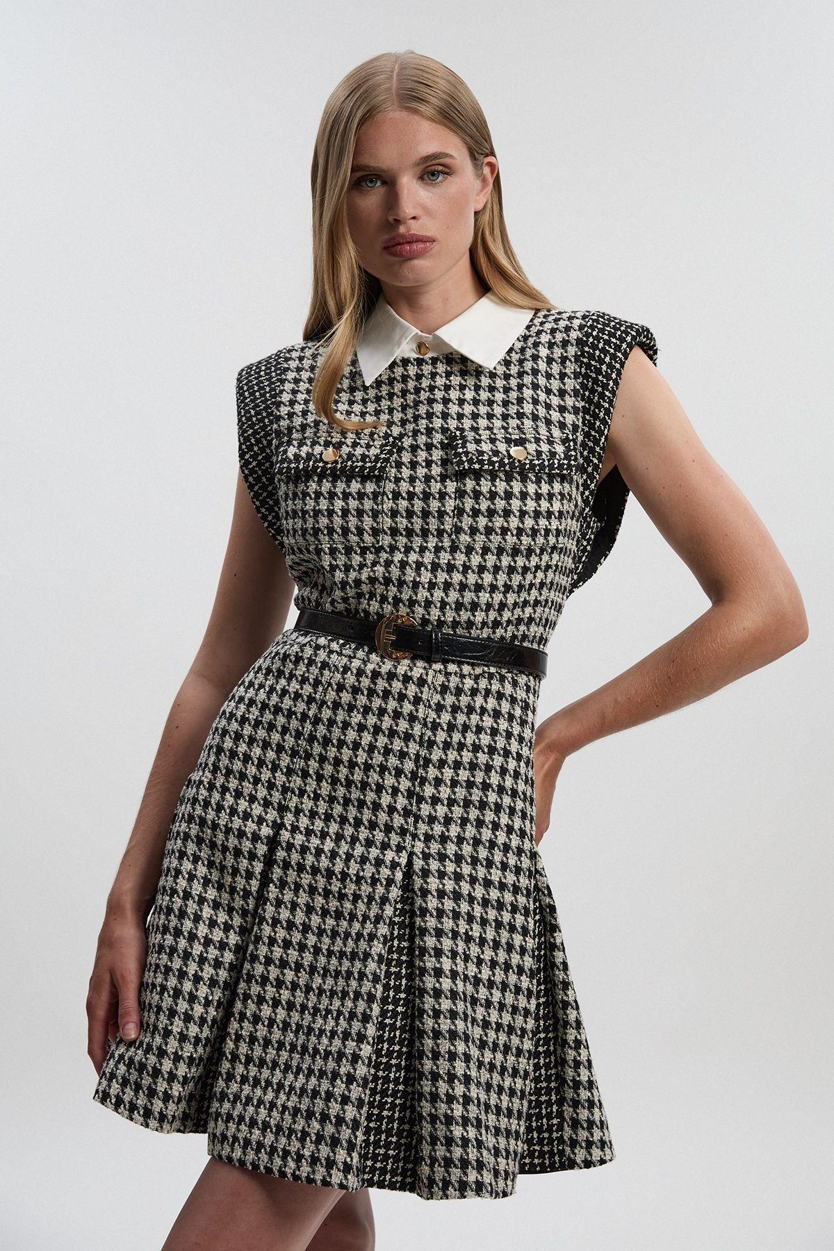 Tall Textured Tweed Contrast Collar Pleated Tailored Mini Dress by KARENMILLEN