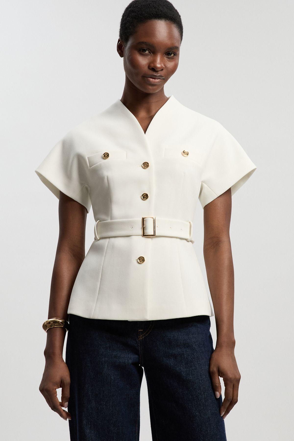 Textured Compact Stretch High Neck Belted Top by KARENMILLEN