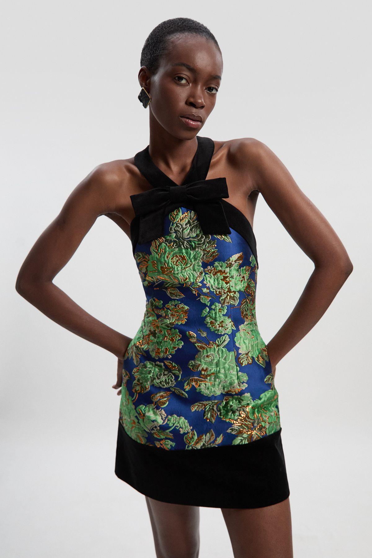 Velvet And Jacquard Contrast Halterneck Tailored Mini Dress by KARENMILLEN