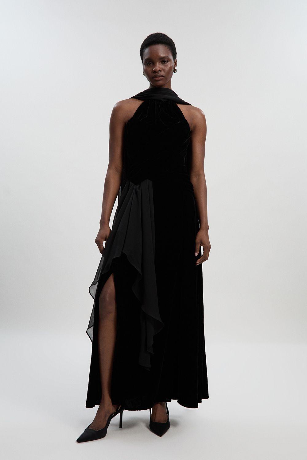 Velvet Cross Front Woven Maxi Dress by KARENMILLEN