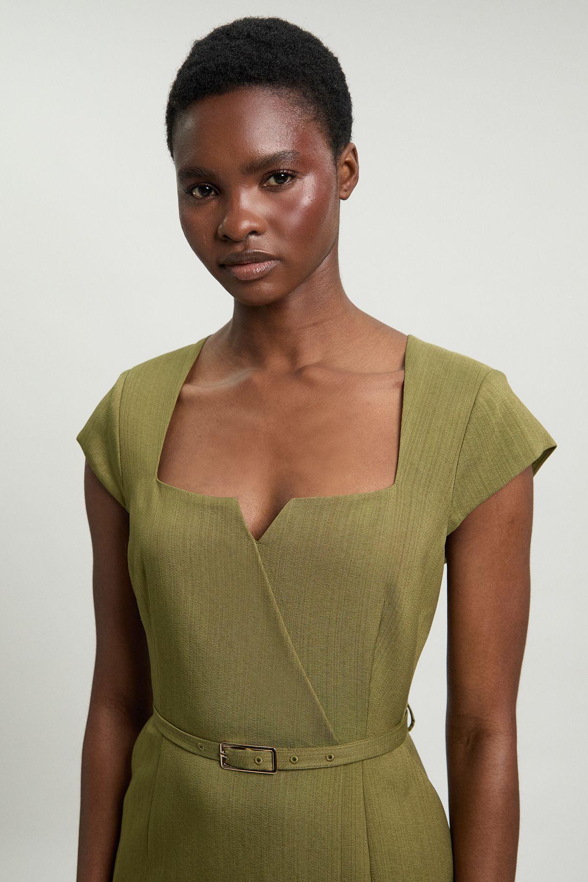 Viscose Blend Belted Square Neck Tailored Pencil Dress by KARENMILLEN