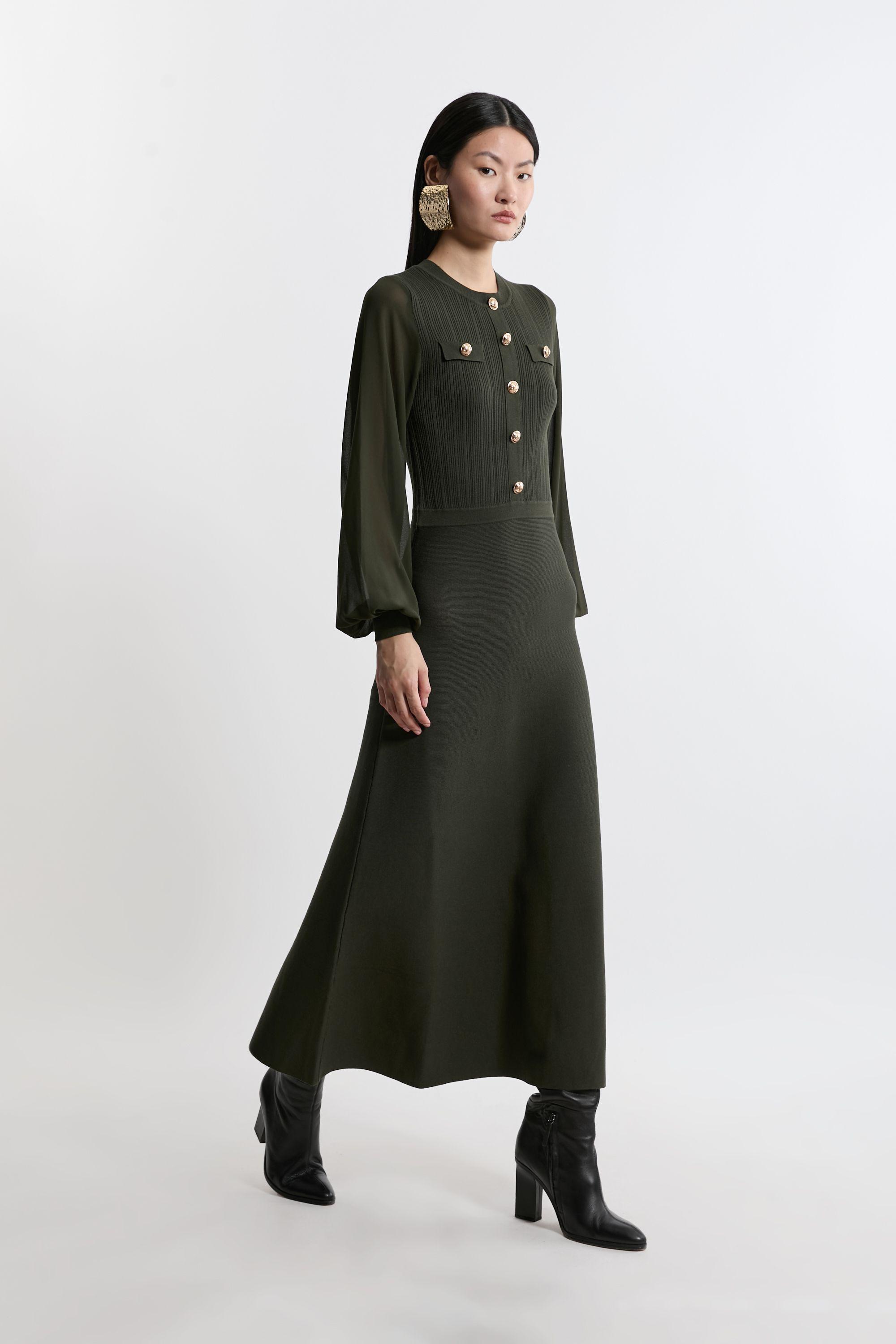 Viscose Blend Maxi Knit Dress With Chiffon Sleeve Military Trim by KARENMILLEN