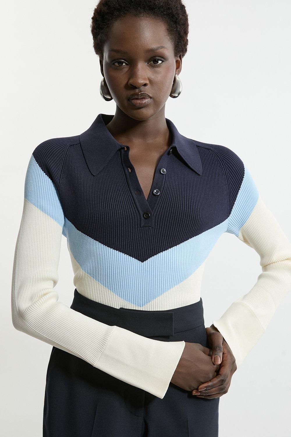 Viscose Blend Rib Knit Polo Top by KARENMILLEN