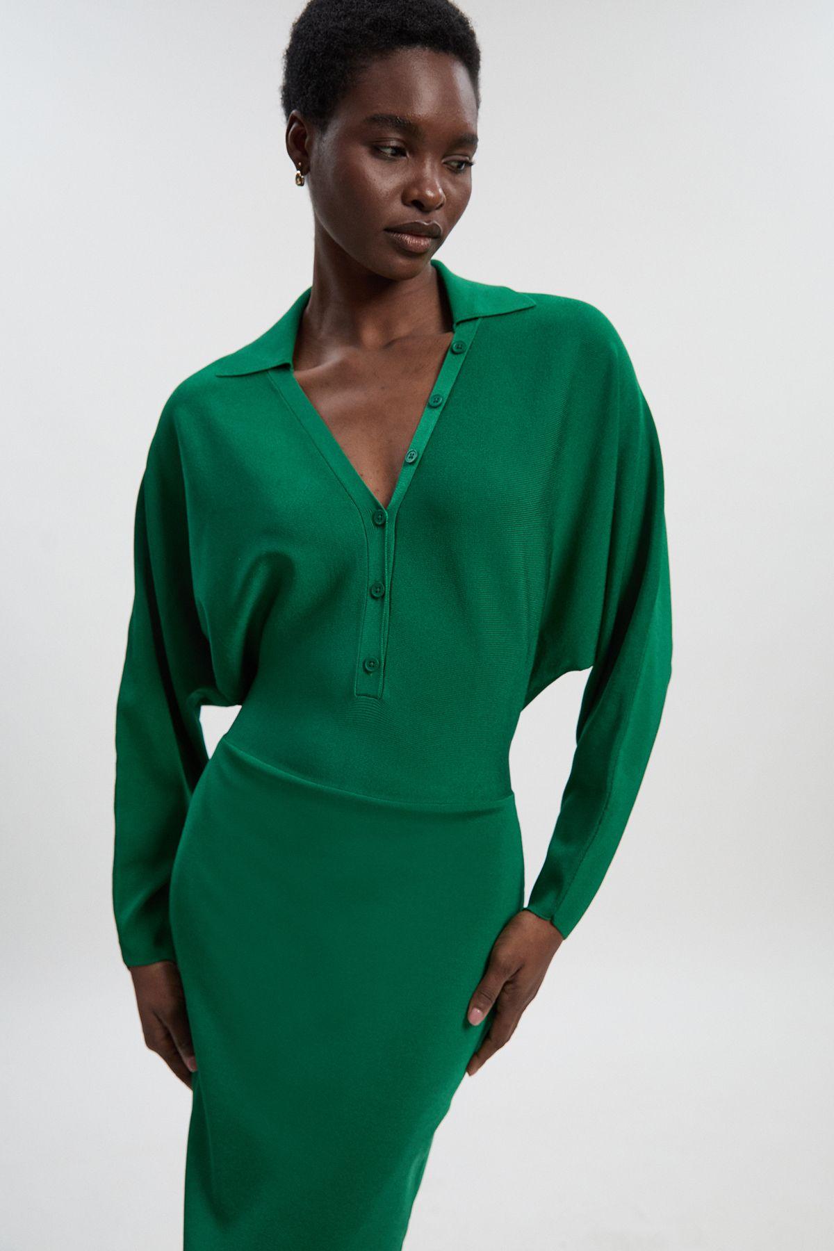 Viscose Blend Slinky Batwing Button Neck Knit Midi Dress by KARENMILLEN
