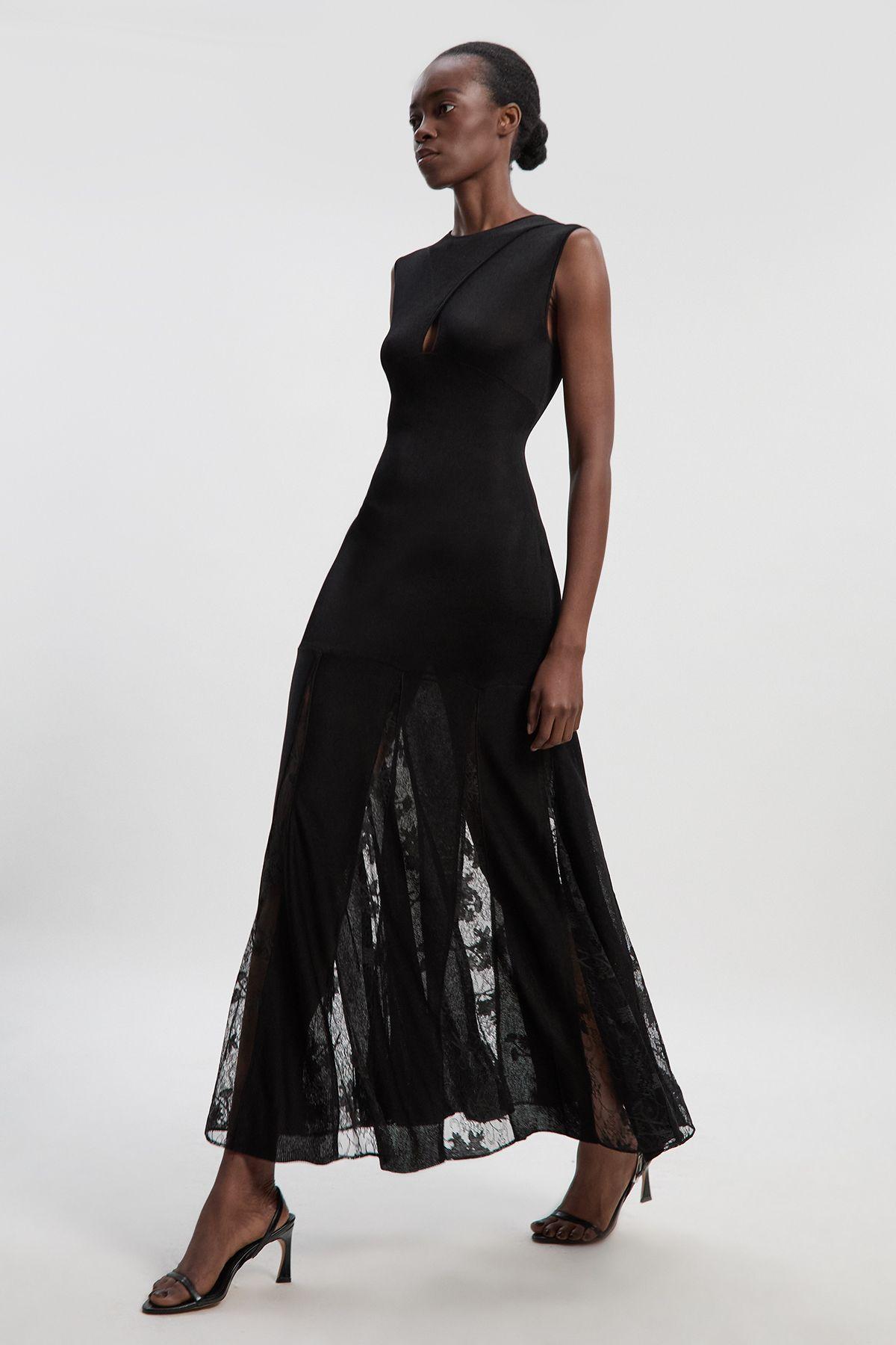 Viscose Blend Slinky Sheer Lace Detail Knit Maxi Dress by KARENMILLEN