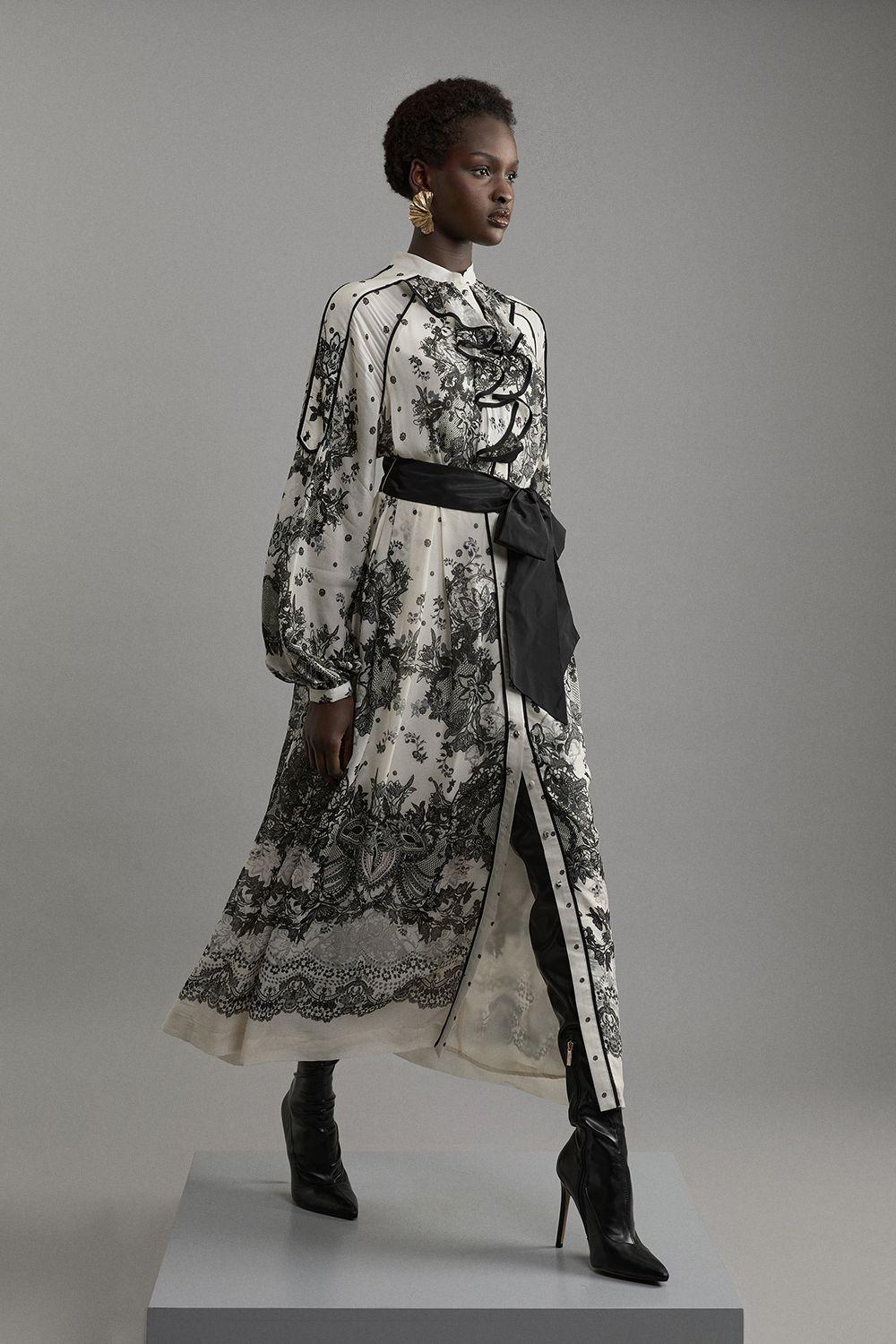 Viscose Crinkle Placed Lace Printed Woven Midaxi Dress by KARENMILLEN