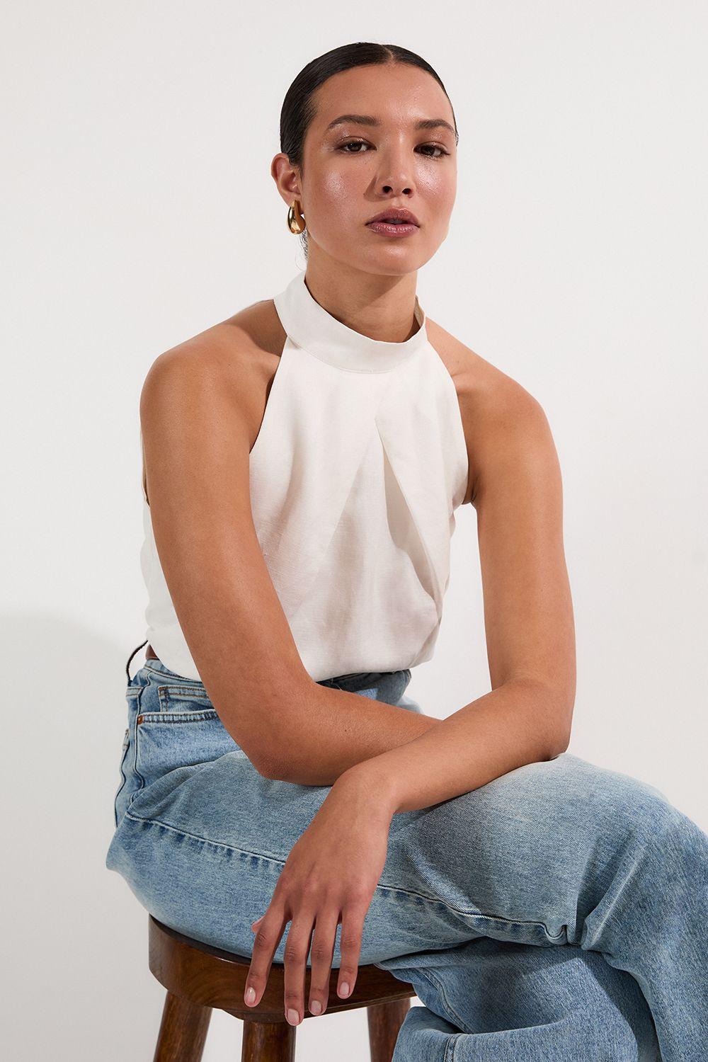 Viscose Linen Cross Front Halter Neck Woven Top by KARENMILLEN