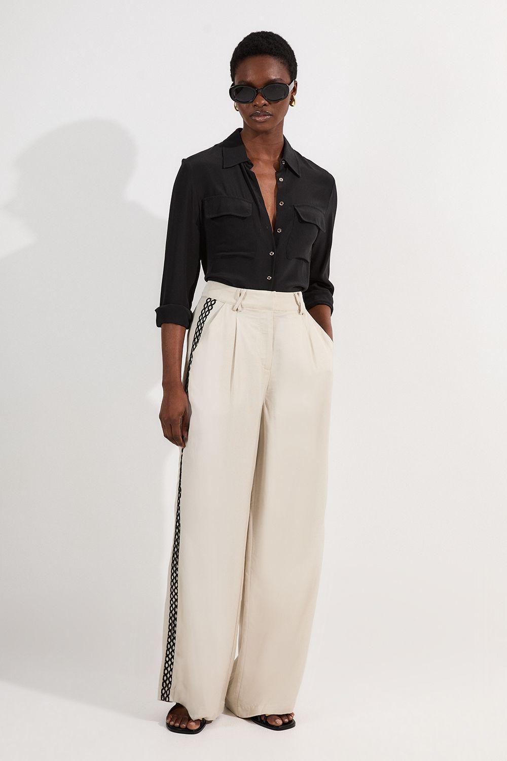 Viscose Linen Lace Trim Insert Woven Trouser by KARENMILLEN