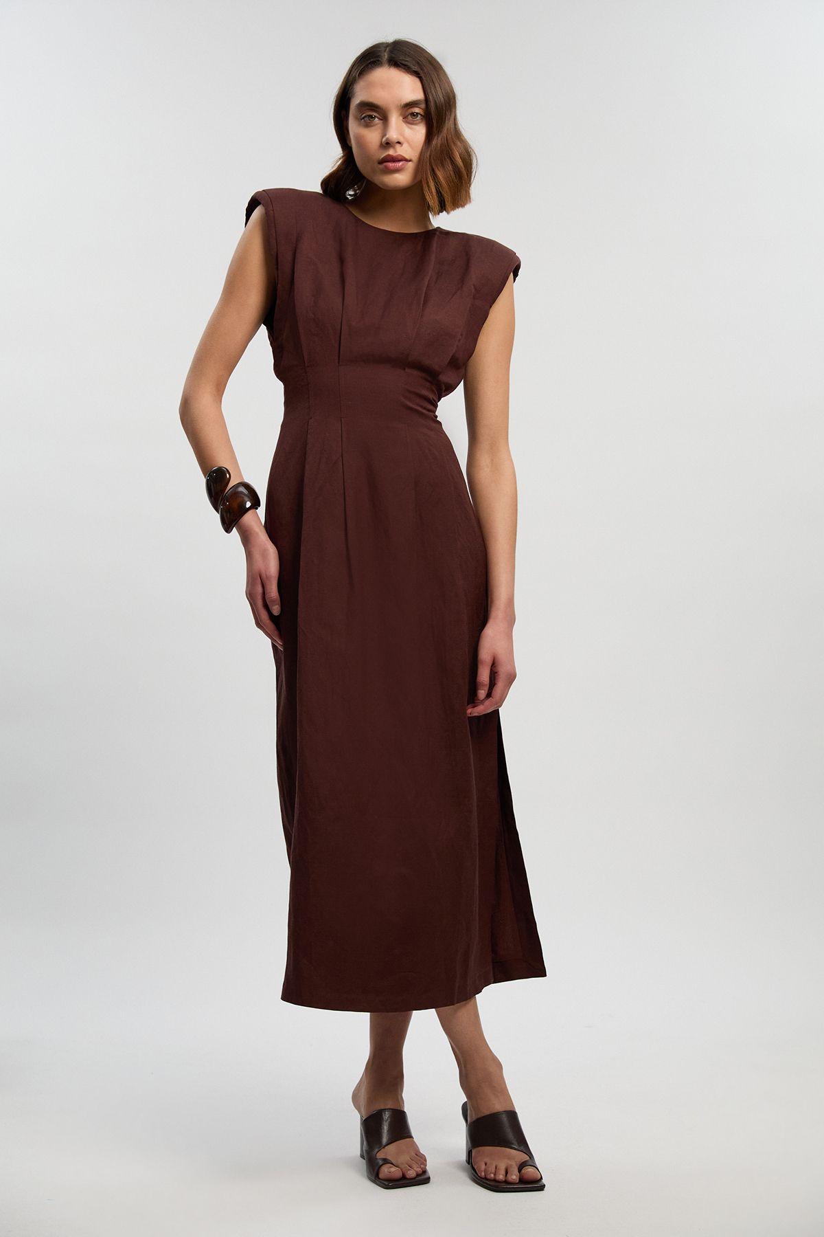 Viscose Linen Woven Pintuck Midi Dress by KARENMILLEN