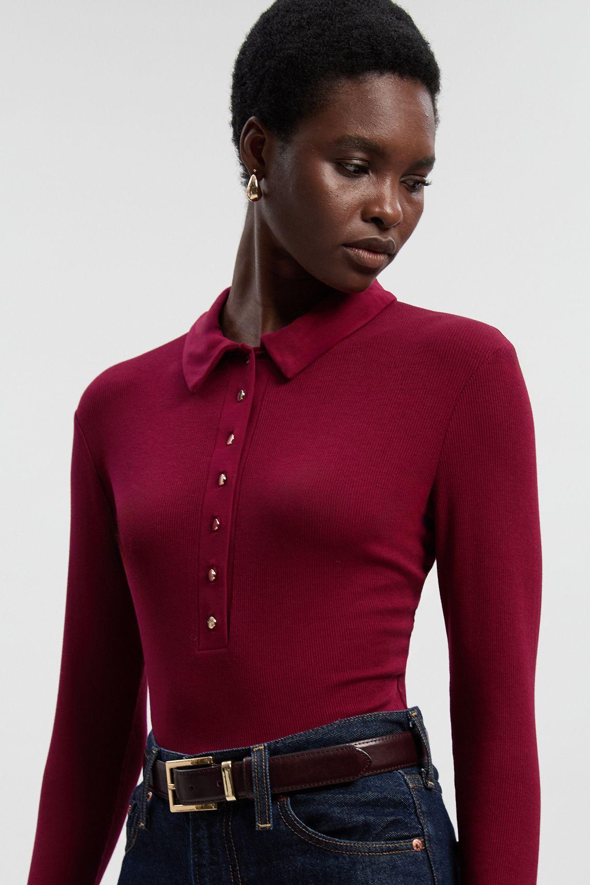 Viscose Rib Jersey Long Sleeve Collared Button Top by KARENMILLEN