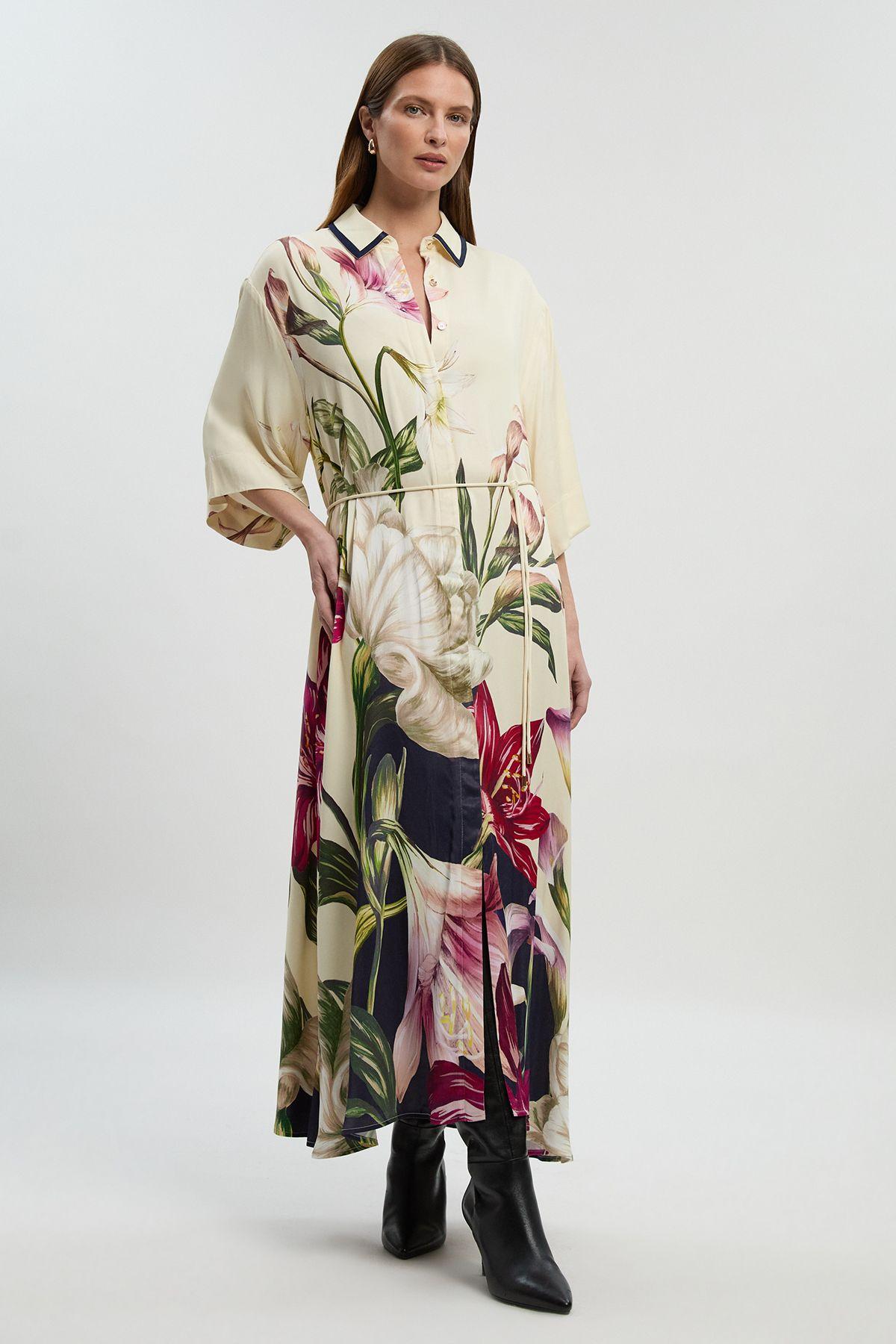 Viscose Satin Floral Printed Oversized Shirt Woven Maxi Dress by KARENMILLEN
