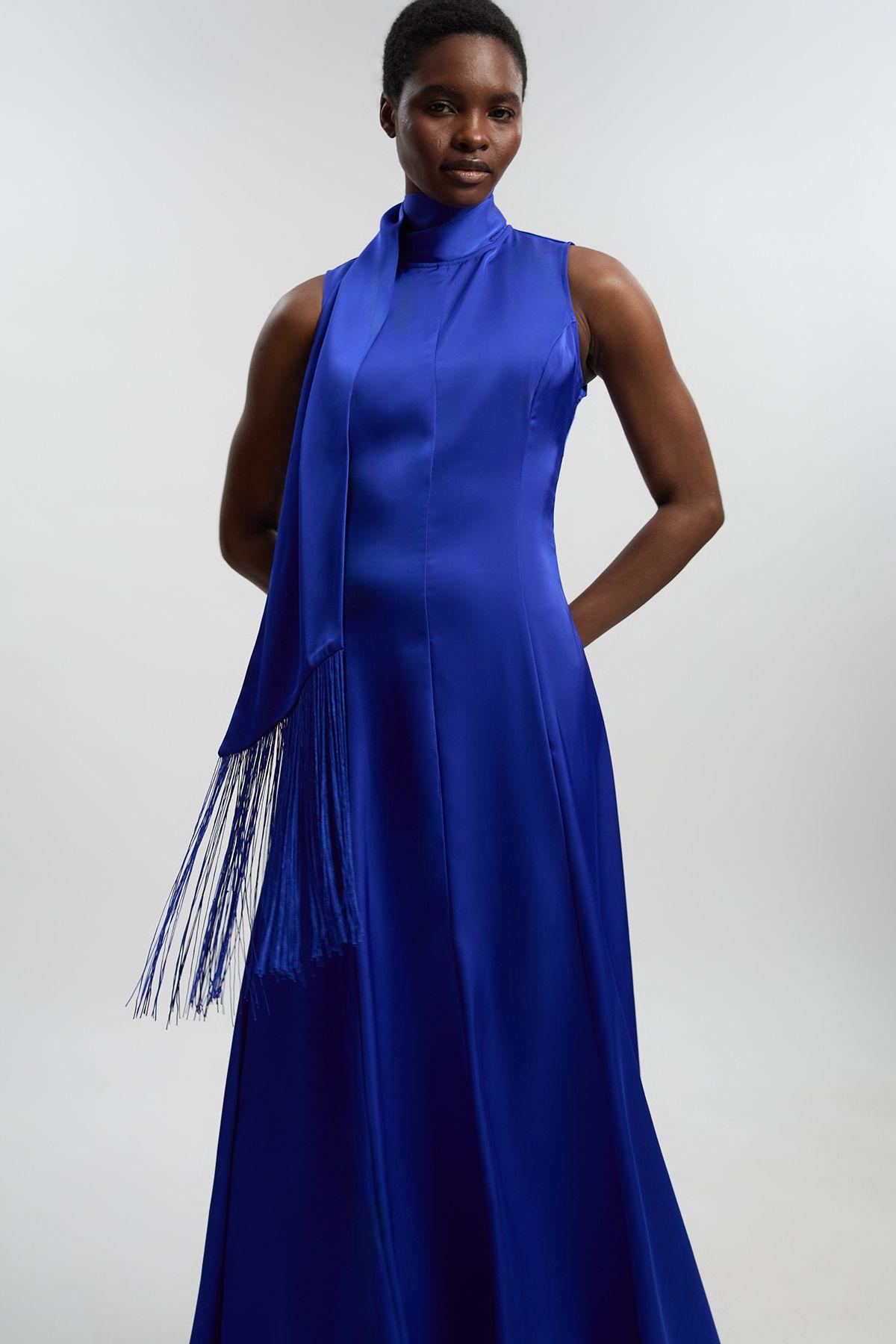 Viscose Satin Sleeveless Cowl Neck Drape Woven Maxi Dress by KARENMILLEN