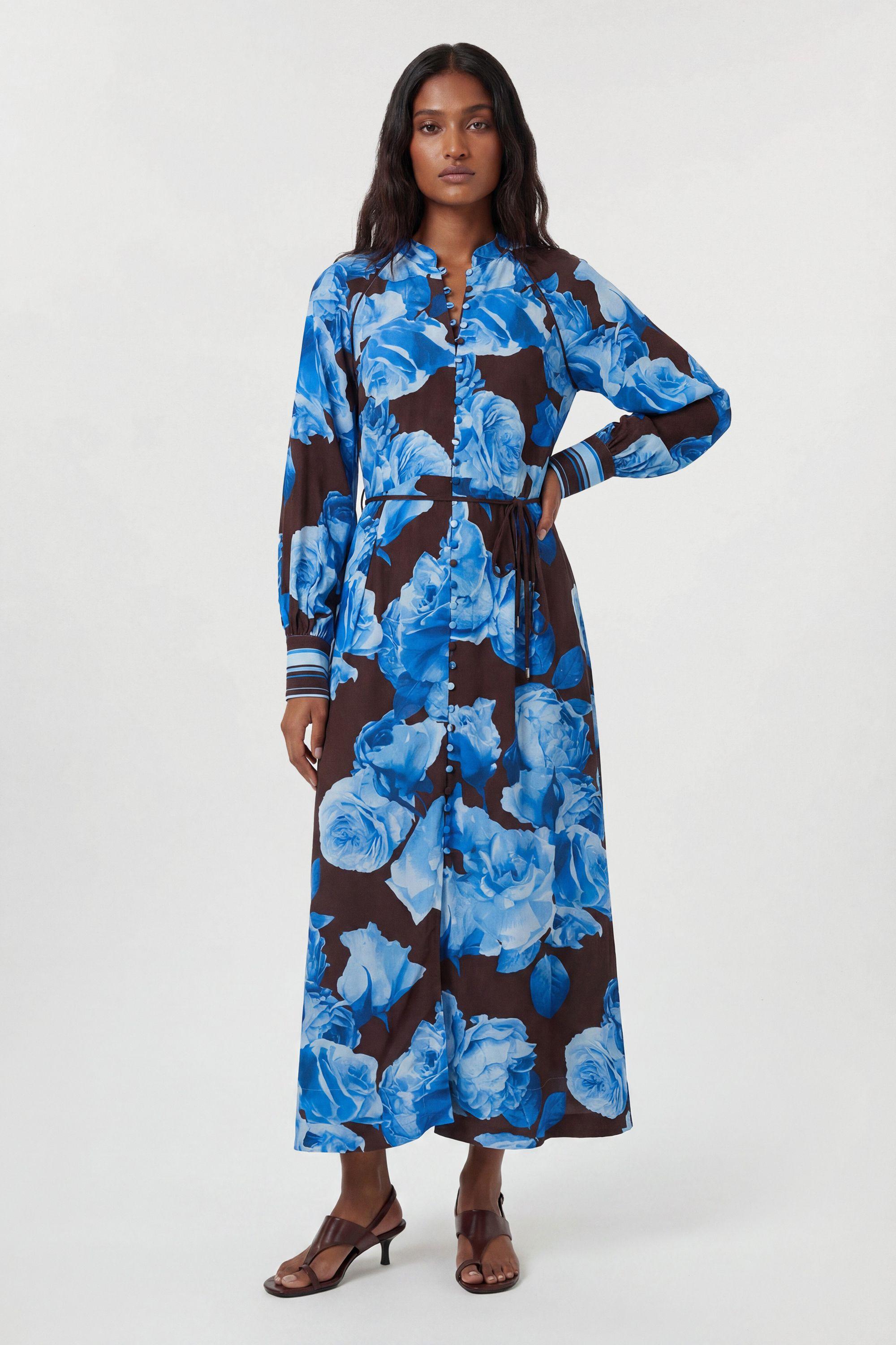 Viscose Woven Stripe Contrast Blue Floral Midi Shirt dress by KARENMILLEN