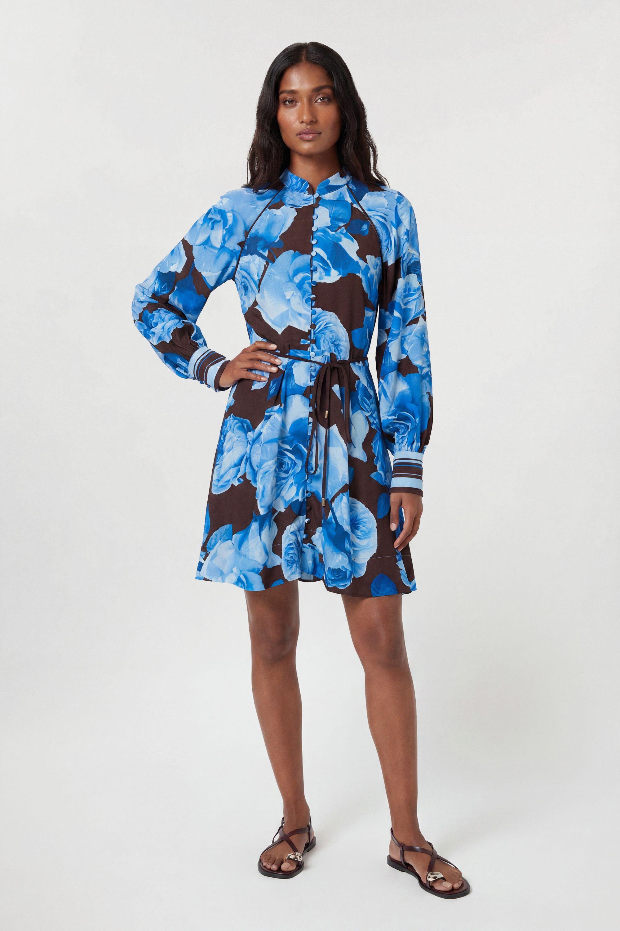 Viscose Woven Stripe Contrast Blue Floral Mini Dress by KARENMILLEN