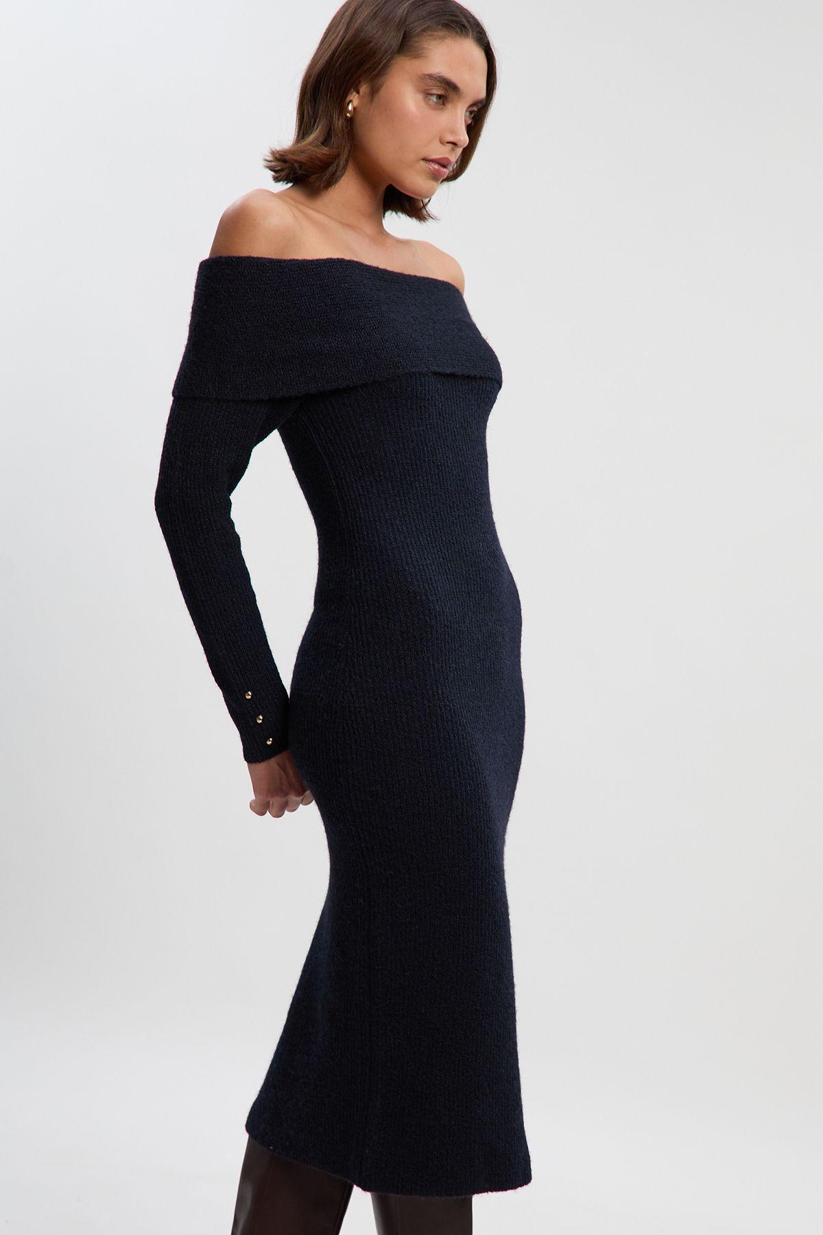 Wool Blend Cosy Bardot Knit Midi Dress by KARENMILLEN