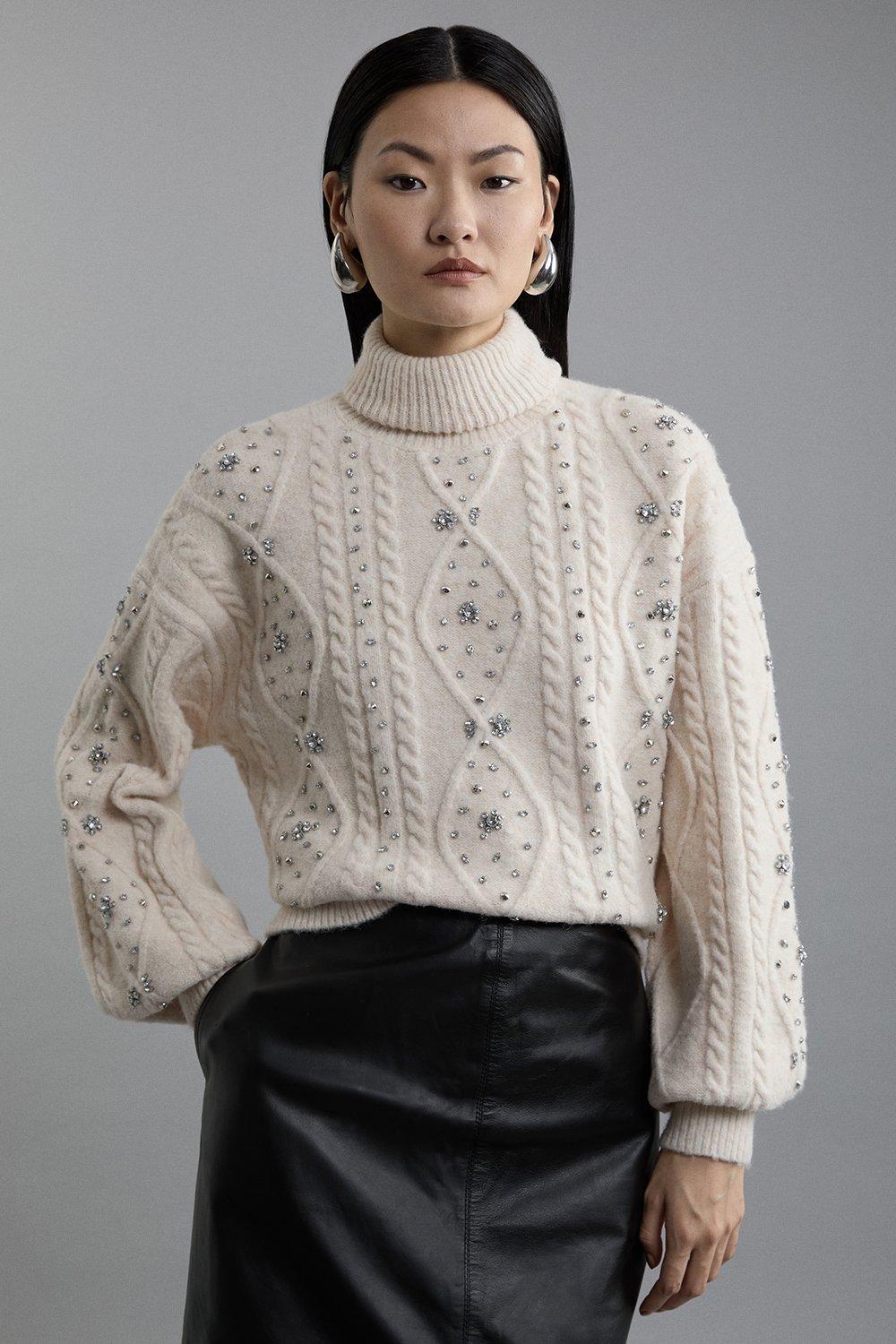 Wool Blend Embellished Cable Knit Jumper by KARENMILLEN