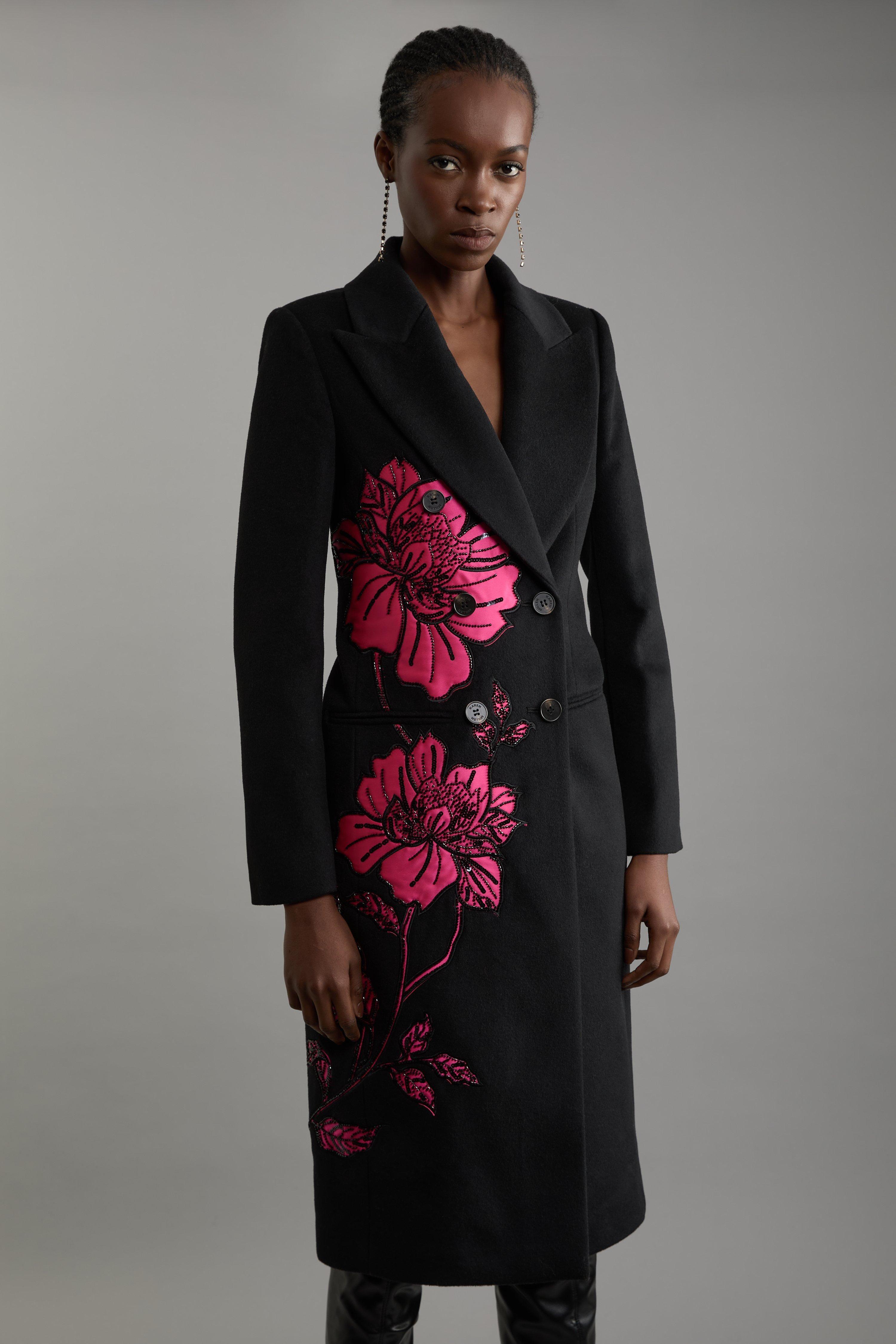 Wool Blend Satin Applique Embellished Double Breasted Tailored Midi Coat by KARENMILLEN Wool Blend Satin Applique Embellished Double Breasted Tailored Midi Coat by KARENMILLEN