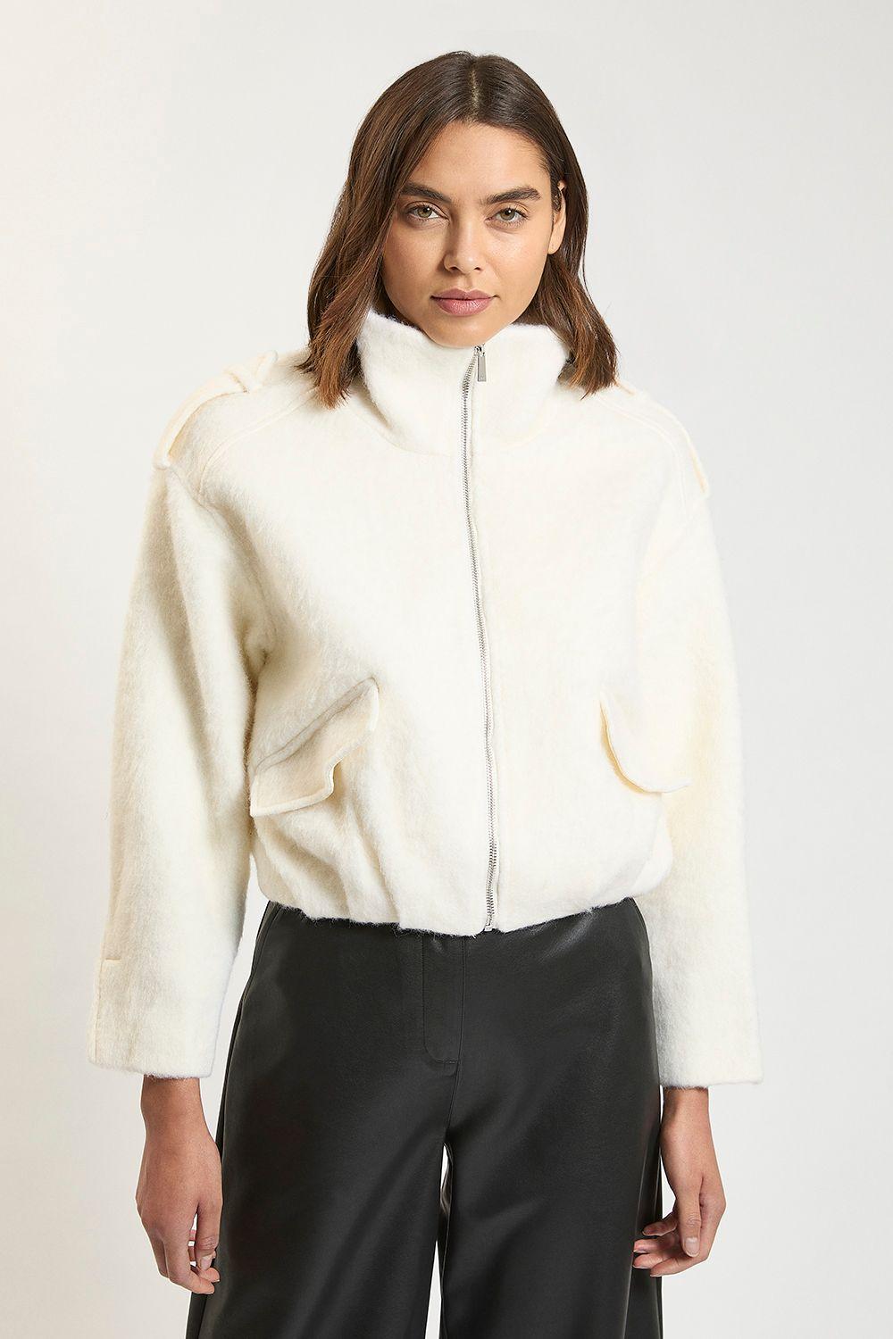 Wool Blend Texture Bomber short coat by KARENMILLEN