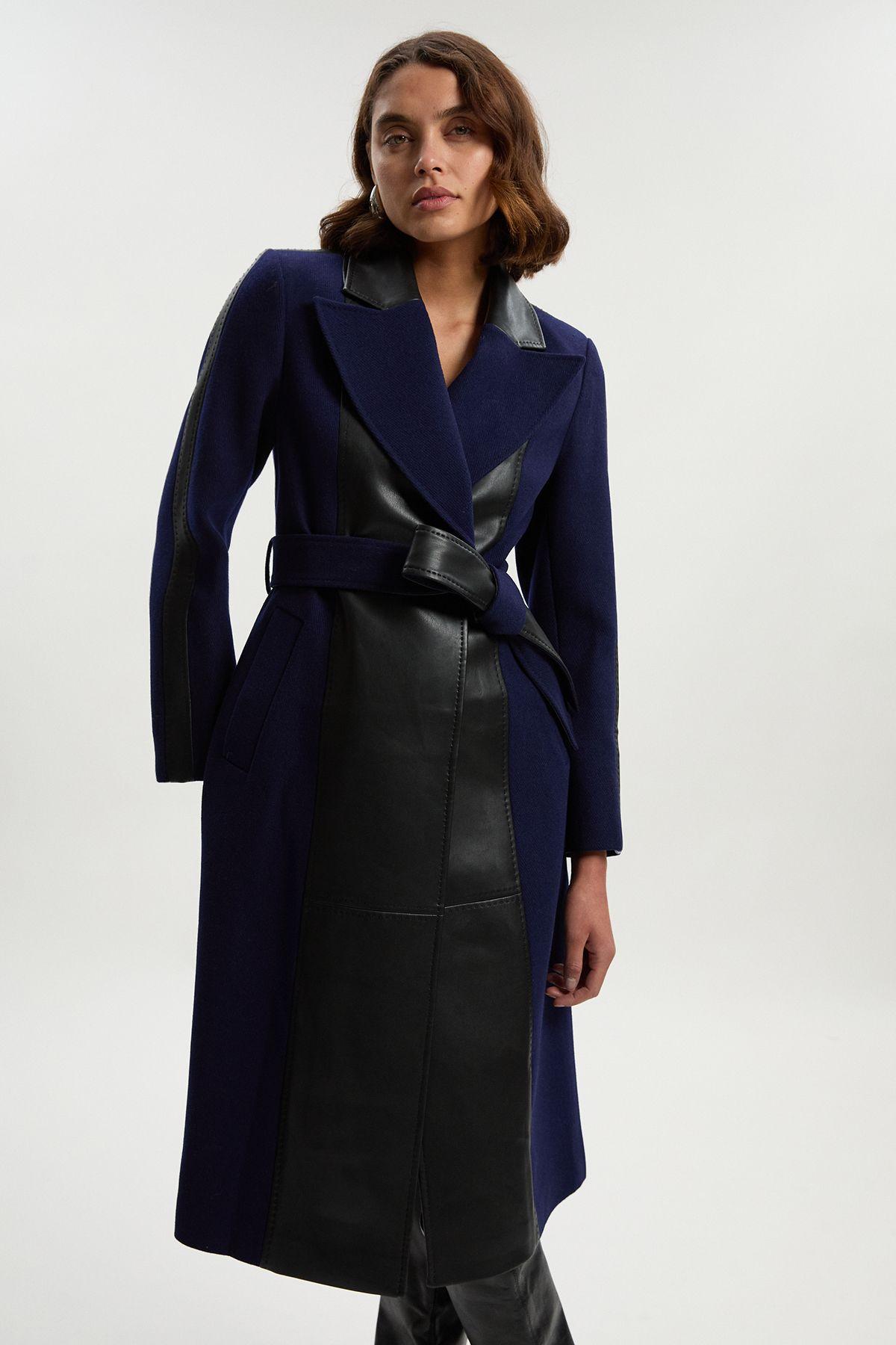 Wool PU Mix Belted Midi Coat by KARENMILLEN