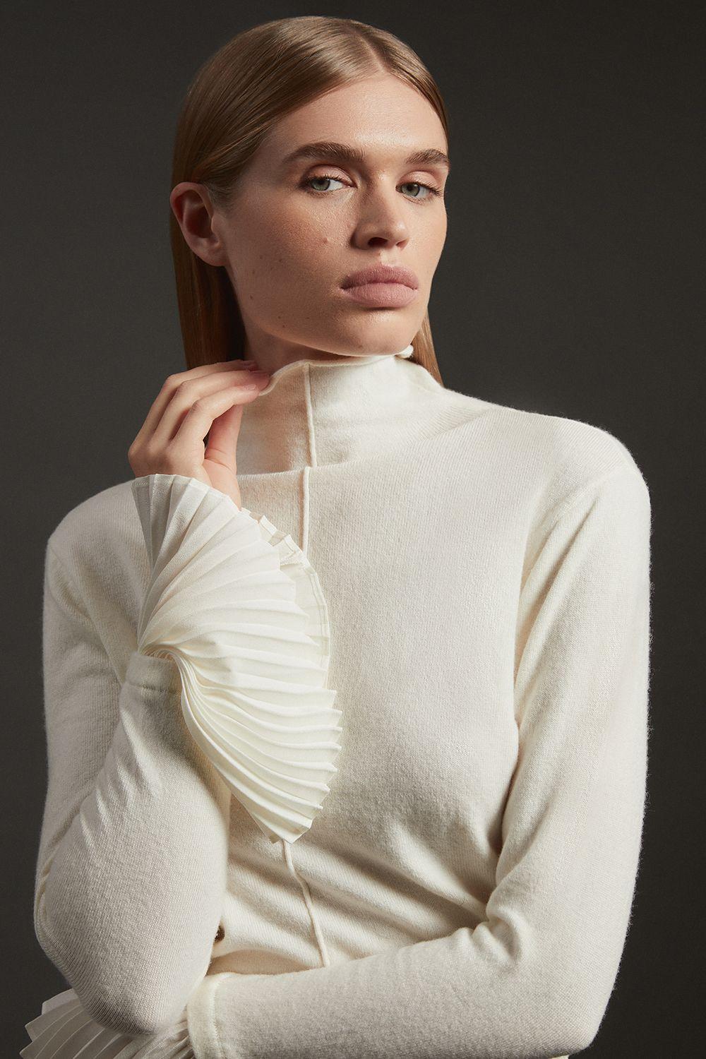 Wool and Alpaca Blend Knit Top With Pleated Silk Woven Cuffs by KARENMILLEN