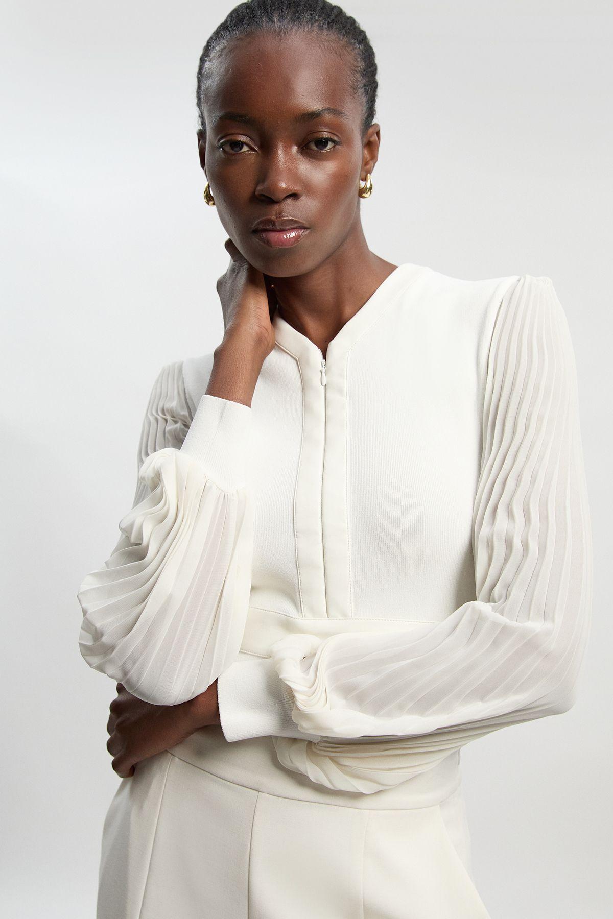 Woven Sleeved Pleated Top With Pu by KARENMILLEN