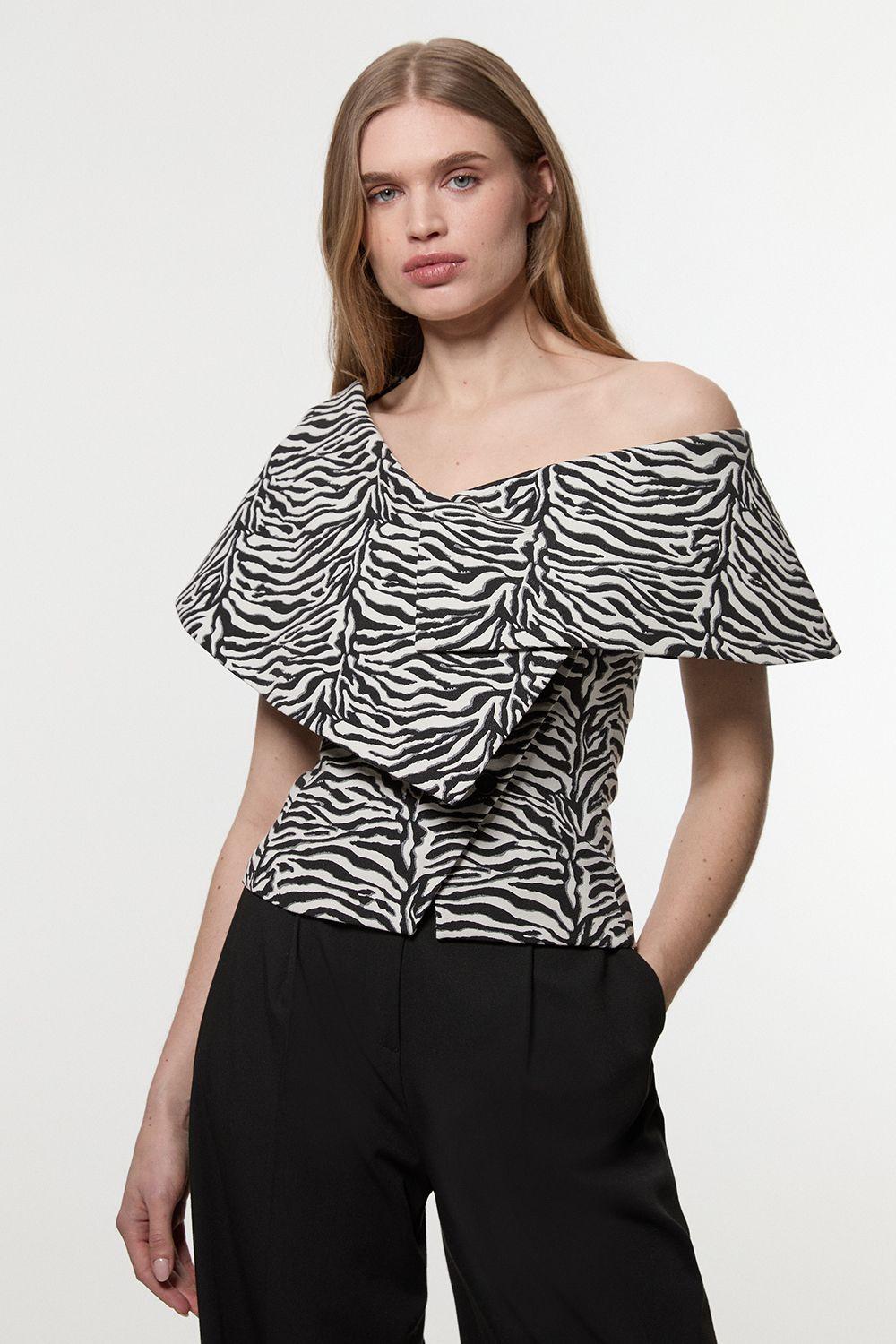 Zebra Jacquard Assymetric Neck Tailored Jacket by KARENMILLEN Zebra Jacquard Assymetric Neck Tailored Jacket by KARENMILLEN