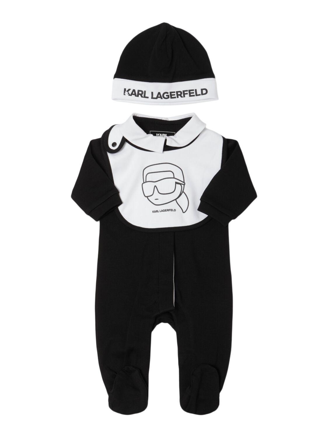 Cotton Blend Velvet Romper, Bib & Hat by KARL LAGERFELD