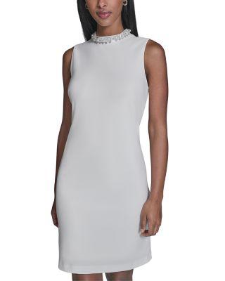 Embellished Neck Scuba Crepe Dress by KARL LAGERFELD