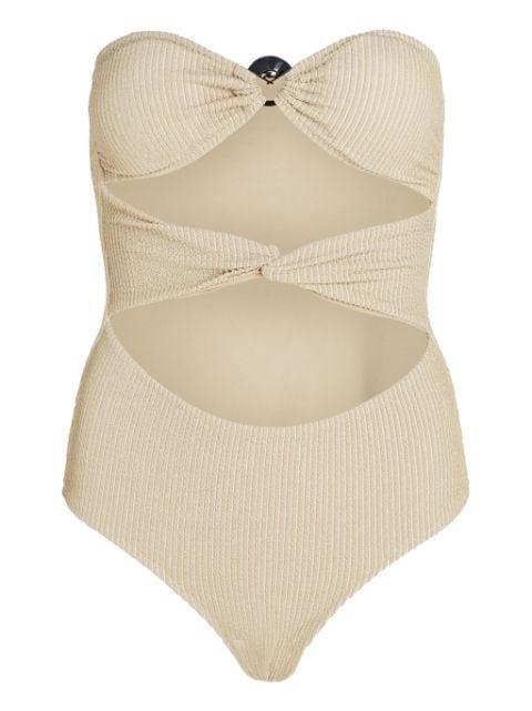 Fan Charm strapless lurex swimsuit by KARL LAGERFELD