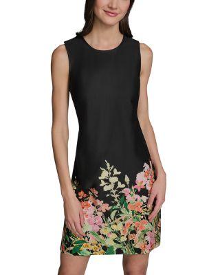 Floral Border Print Sleeveless Cotton Sateen Shift Dress by KARL LAGERFELD