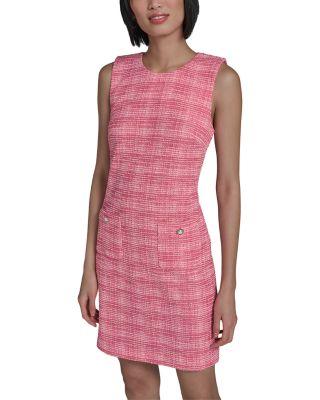 Flower Button Sleeveless Knit Tweed Sheath Dress by KARL LAGERFELD