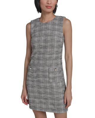 Flower Button Sleeveless Knit Tweed Sheath Dress by KARL LAGERFELD