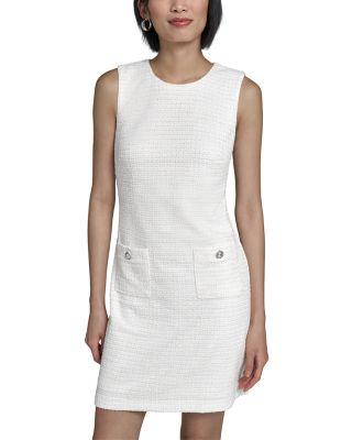 Flower Button Sleeveless Knit Tweed Sheath Dress by KARL LAGERFELD