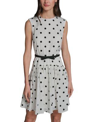 Polka Dot Seersucker Belted A Line Dress by KARL LAGERFELD