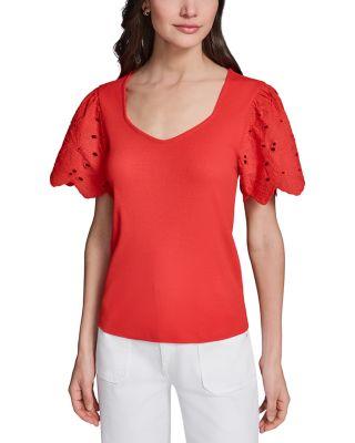 Short Sleeve Eyelet Mix Media Knit Top by KARL LAGERFELD