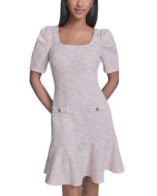 Square Neck Knit Tweed Puff Sleeve Flounce Hem Dress by KARL LAGERFELD