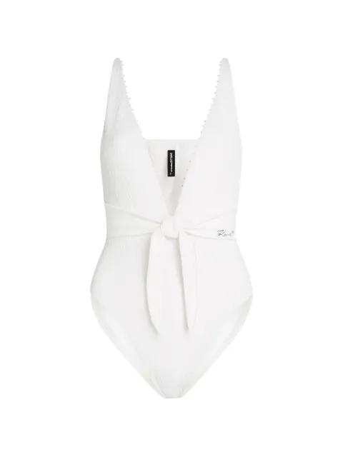pearl-embellished tie-front swimsuit by KARL LAGERFELD