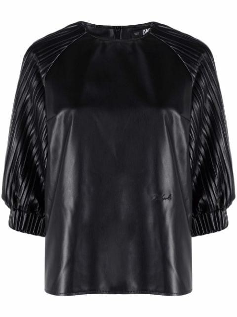 vegan leather pleated-sleeve top by KARL LAGERFELD