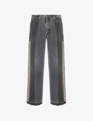 Beaded Remade by RKIVE CITY Upcycled Denim Trousers by KARTIK RESEARCH