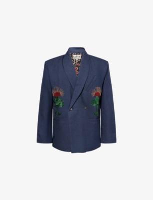 Double-Breasted Shawl Embroidered Wool Jacket by KARTIK RESEARCH