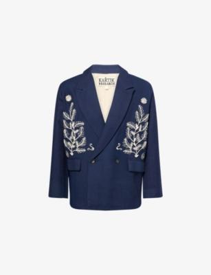 Floral Motif Embroidered Double-Breasted Wool Blazer by KARTIK RESEARCH