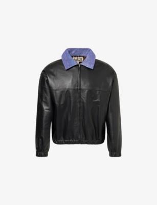 Kantha Contrast-Collar Leather Jacket by KARTIK RESEARCH