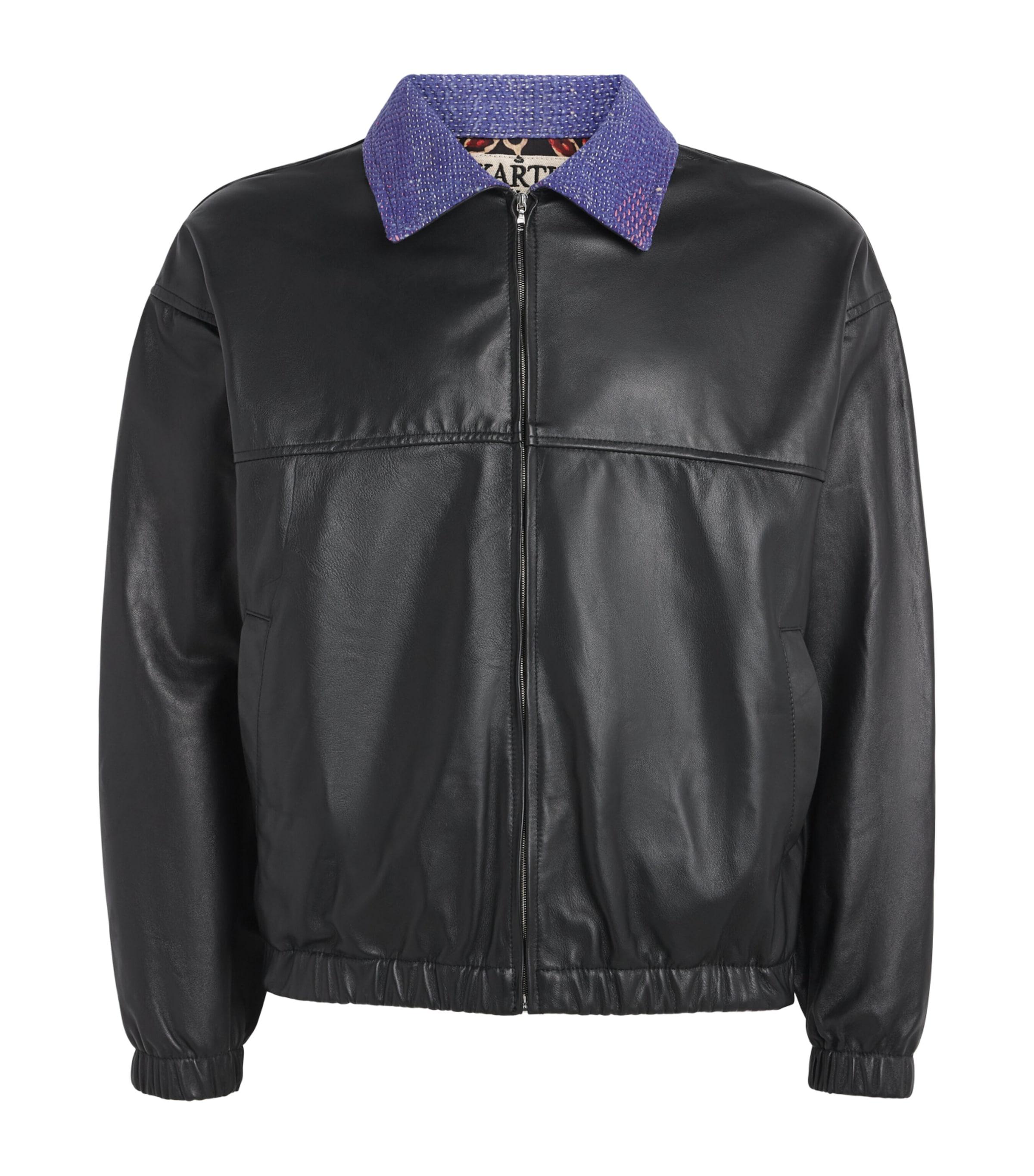 Kartik Research Leather Kantha Bomber Jacket by KARTIK RESEARCH
